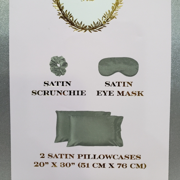 4 pc Satin Sleep Set in Grey includes: 2 Pillowcases 1 Eye Mask 1 Hair Scrunchie - Picture 4 of 4